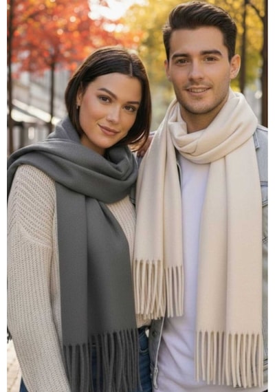 Tezzgelsin Unisex Yumuşak Dokulu Püsküllü Kışlık Buklet Atkı Şal 2'li Set Gri - Ekru