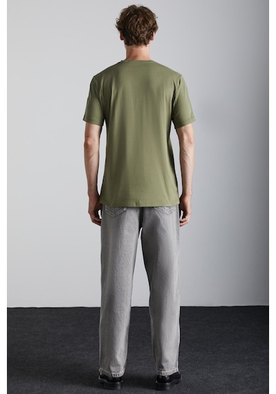 Grimelange Solo Erkek %100 Organik Pamuklu Kalın Dokulu Comfort Fit Bisiklet Yakalı Haki T-shirt