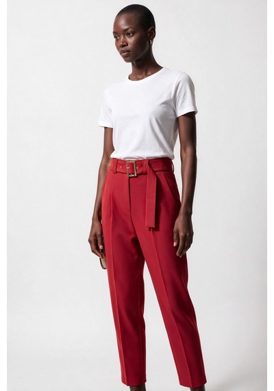 Blange Kadın Yüksek Bel Kemer Detaylı Plili Tapered Paça Pantolon Kırmızı
