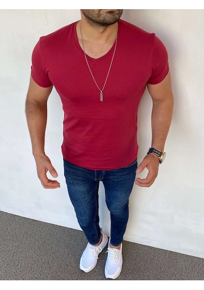 Modefendi Slim Fit Pamuk Likra Basic V Yaka Tshırt Bordo