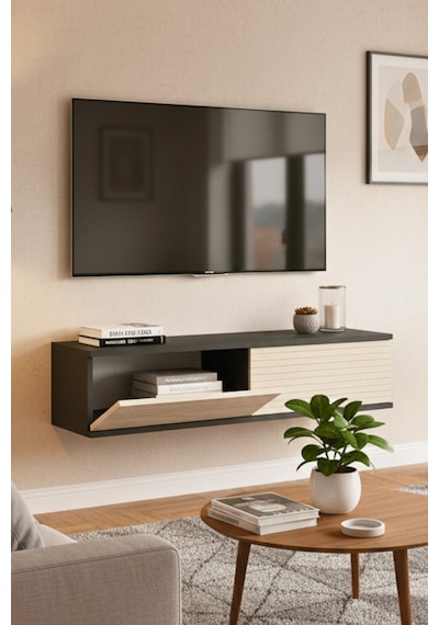 Tda1214at - Zeynep120 Duvara Montaj Tv Stand, Tv Rafı, Tv Sehpası Antrasit - Traverten 120cm