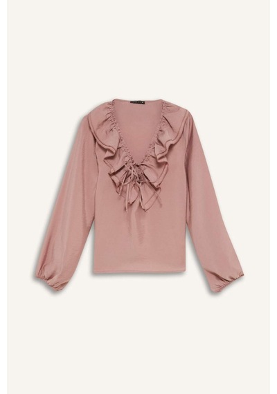 DeFacto Regular Fit Fırfırlı V Yaka Basic Düz Uzun Kollu Bluz E3393AX24WNPN429 Pembe
