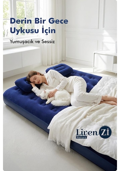 Livenzi Nature Çift Kişilik Şişme Yatak Yastık + Manuel Şişirme Pompası 191 137 22 Cm Lacivert