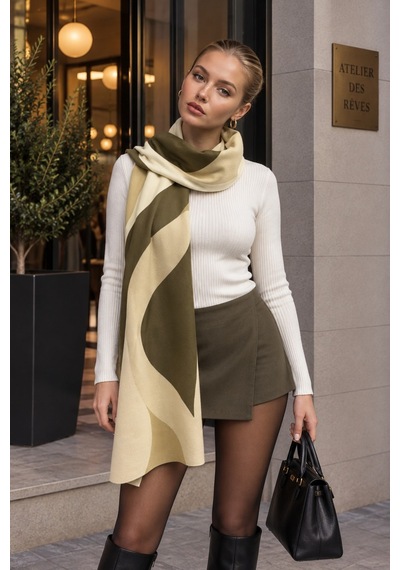Tarzını Seç Haki Krem Dalga Desenli Yumoş Polar Kışlık Şal Atkı 70 X 180 Cm