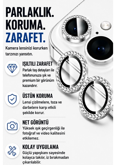 Apple iPhone 17 Uyumlu Taşlı Kamera Lens Koruyucu Beyaz