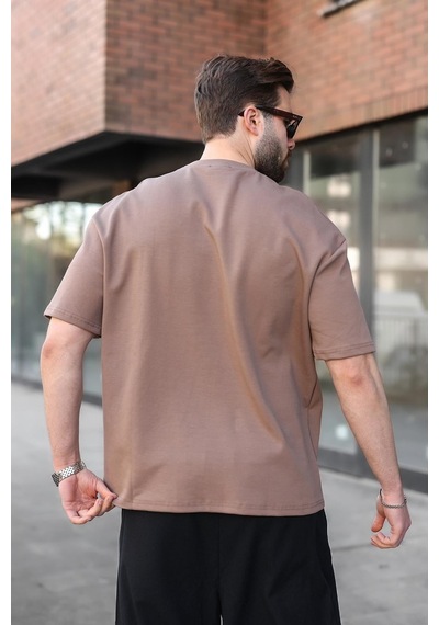 Madmext Kahverengi Bisiklet Yaka Oversize Erkek Tişört E7176