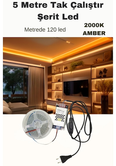 Dolap / Duvar 5 Metre Tak Çalıştır Mt/120 Led Şerit Led 2000k