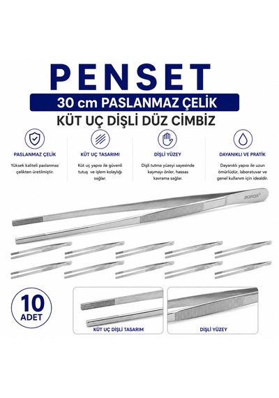 Penset 30 Cm Paslanmaz Çelik - Küt Uç Dişli Düz Cımbız 10 Adet