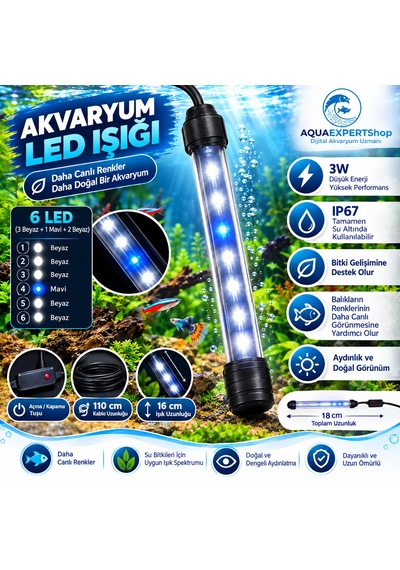 Akvaryum Işığı - Balık Işığı - Tamamen Su İçinde Kullanılabilir - 16 Cm - 6 Led - Mavi Beyaz - Açma Kapatma Tuşlu - 3w - Güçlü Işık