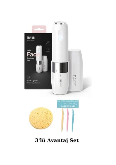 Braun Mini Tüy Alma Makinesi + Sünger + 3'lü Kaş Usturası
