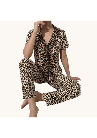 Önden Düğmeli Milan Yarım Kollu Kadın Pijama Takımı Siyah-bej