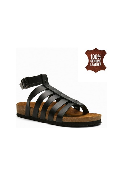Comfortfusse Ares - Kadın Ortopedik Hakiki Deri Sandalet Siyah Baskı