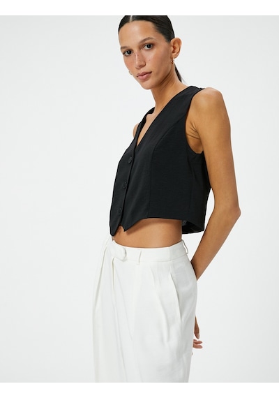 Koton Crop Yelek V Yaka Düğmeli Standart Kesim Siyah 4sak30035pw Siyah
