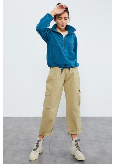 Tommy Life Zümrüt Yarım Fermuar Etek Ucu Büzgülü Kadın Polar Oversize Sweatshirt - 97171 Zümrüt Yeşili