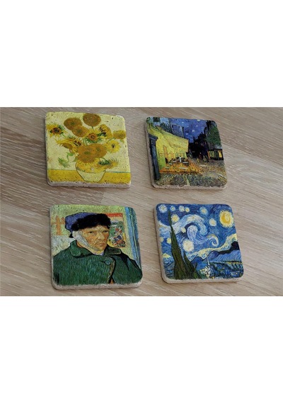 Van Gogh Yıldızlı Gece Ve Eserleri Doğal Taş Bardak Altlığı 4'lü Set - Natural Stone Coasters - Taş Çok Renkli