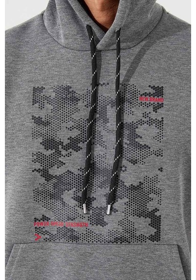 Tommy Life Gri Melanj Kamuflaj Desen Baskılı Standart Kalıp Kapüşonlu Erkek Sweatshirt - 87884 GRİ MELANJ
