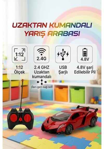 Uzaktan Kumandalı 1:12 Ölçekli 4 Fonksiyon Işıklı Usb Şarjlı 10-15km/h 2.4ghz Oyuncak Spor Araba Kırmızı