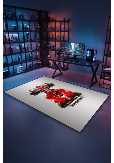 Formula 1 Kırmızı Yarış Arabası Halı Kaymaz Taban Yıkanabilir Spor Temalı Halı F1.4