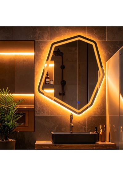Fluxus Amber Led'li Lazer Kumlamalı Lavabo & Banyo Aynası Dokunmatik Sensörlü 80 X 68 Turuncu