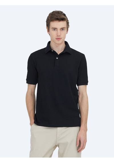 Kip Siyah Düz Polo Yaka Pamuk Karışımlı T-shirt