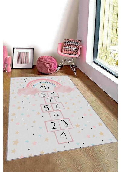 Ekru Kaymaz Tabanlı Seksekli Oyun Halısı Çocuk Halısı Ar1343n11