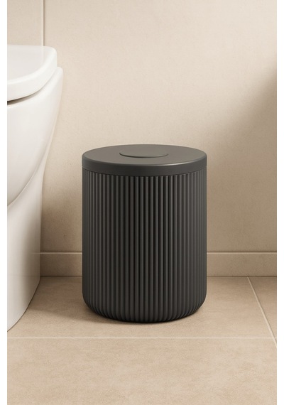 Lines Serisi Antrasit/gri Akrilik Çöp Kovası Silindir, 5 Litre, 25cm, Kolay Temizlenir - 3372 Antrasit - Gri