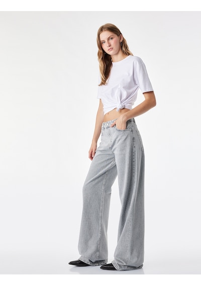 Koton Taş Detaylı Yıkamalı Normal Bel Pamuklu Geniş Paça Denim Pantolon - Wide Leg Jeans Gri 7wal40129md