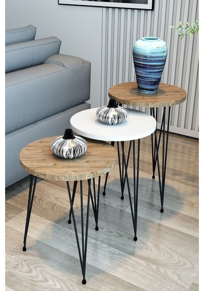 3'lü Zigon Sehpa Yuvarlak Model Zigon Sehpa Metal Tel Ayak 1beyaz2ceviz