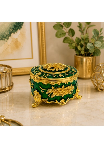 Yuvarlak Renkli Gold İşlemeli Mücevher Kutusu Yeşil