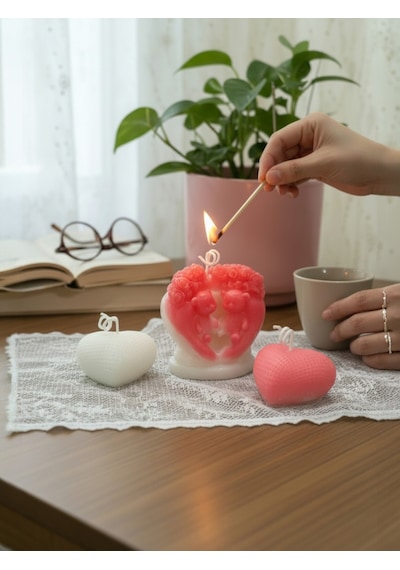 Romantik Kalp Mum Seti, 3'lü Dekoratif Mum, Sevgililer Günü Hediyesi Beyaz