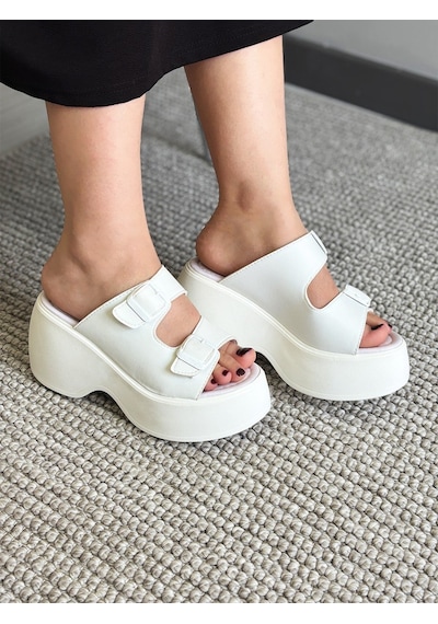Asmi Shoes Kadın Wera Beyaz İki Tokalı Kalın Taban Ortopedik Sandalet&terlik