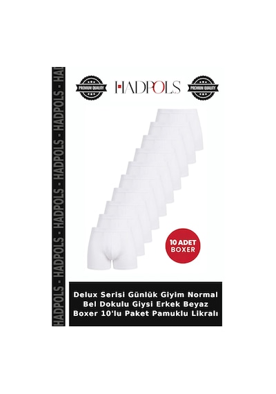 Hadpols Delux Serisi Günlük Giyim Normal Bel Dokulu Giysi Erkek Beyaz Boxer 10'lu Paket Pamuklu Likralı