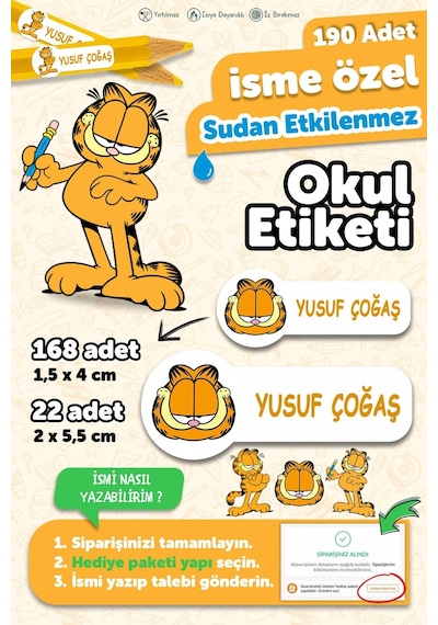 Okul Etiketi Kalem Defter İsimli Etiket Isim Yazılabilen Garfield - 190 Adet Özel Yeni Tasarım