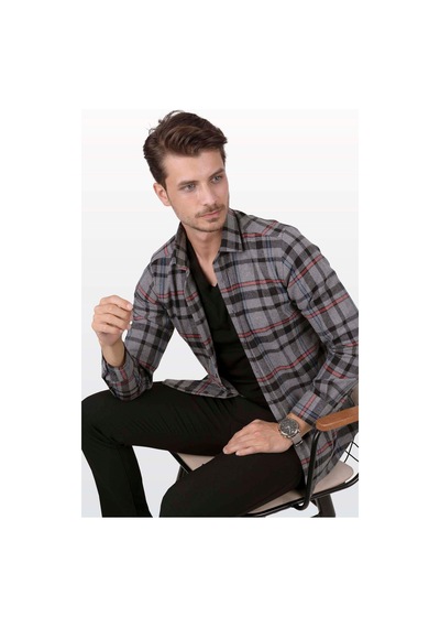 Füme Kırmızı Çizgi Slimfit Oduncu Erkek Gömlek Füme