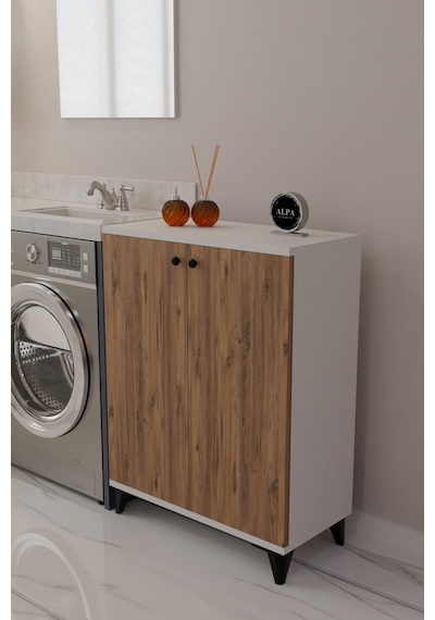 Çok Amaçlı Banyo & Çamaşır Odası Dolabı, Ayarlanabilir Raflı, Kapaklı Modern Banyo Dolabı Beyaz - Atlantik Çam