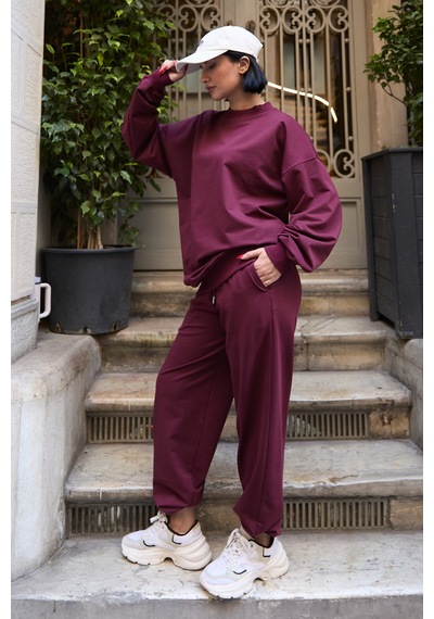 Mezka Regular Fit 2'li Takım Sweatshirt Beli Lastikli Jogger Eşofman Altı Bordo