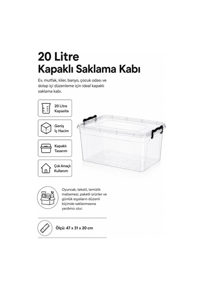 20 Litre Kapaklı Maxi Saklama Kabı Çok Amaçlı Düzenleyici Kutu Şeffaf