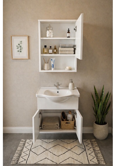 Darende 55cm Seramik Lavabolu Mdf Aynalı Banyo Dolabı Beyaz