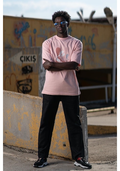 Bisiklet Yaka Lu Önü Baskılı Oversize Geniş Model T-Shirt Pembe