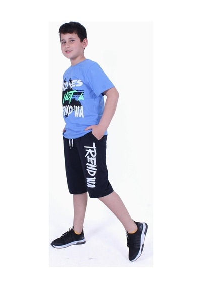 Fyk Kids Kind Nes-trend Wa Yazı Baskılı Erkek Çocuk Kapri Takım Mavi