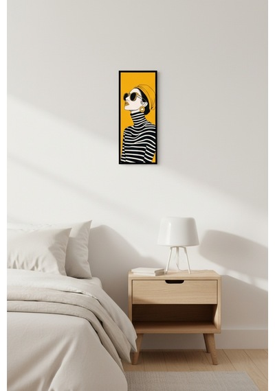 Kadın Figürlü Dekoratif Duvar Tablosu 25x60 Cm Siyah Çerçeveli Modern Dikey Tablo