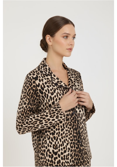 Luxury Viscose Leopar Desenli Kadın Uzun Kollu Pijama Takımı 42577 LEOPAR