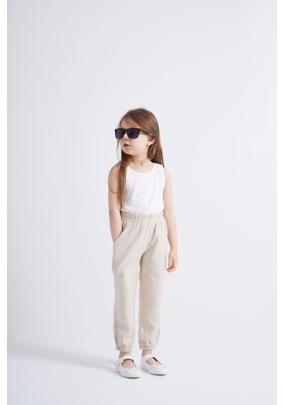 Oliven The Kid Oliventhekid Bej Keten Beli Ve Paçaları Lastikli Cepli Rahat Unisex Çocuk Pantolon Bej Bej