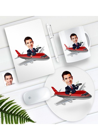 Kişiye Özel Bay Uçuş Görevlisi Host Karikatürlü Defter Kalem Kupa