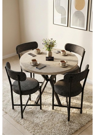 Tr Falez Mutfak Masası 90 Cm Yuvarlak Masa Modern Metal Ayaklı Cafe Balkon Ofis Yemek Masası 9826 Traverten Diğer