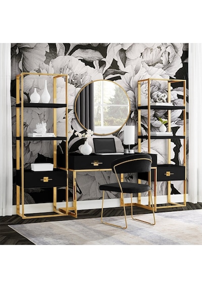 Rihanna Gold Metal Siyah Çalışma Masası Ve 2 Adet Kitaplık