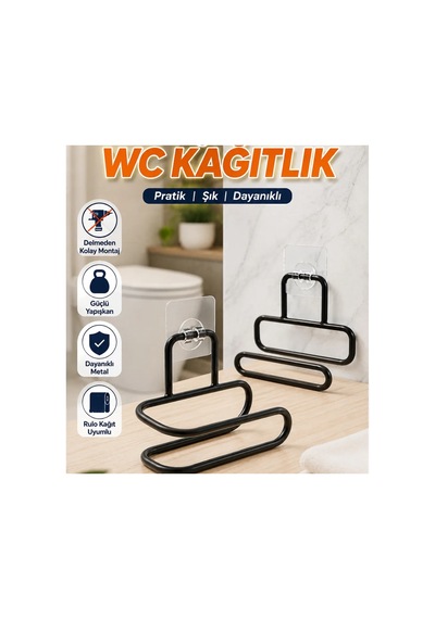 Siyah Yapışkanlı Wc Kağıtlık 2 Li Set Duvar Tipi Metal Rulo Tutucu Renkli