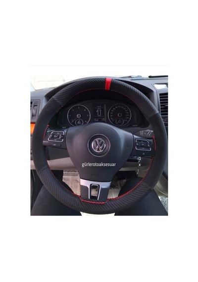 Vw Caddy Dikmeli Direksiyon Kılıfı Alkantra Karbon Kırmızı Yüzük