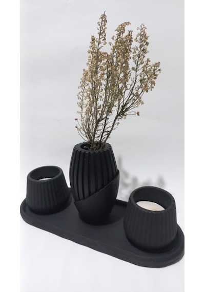 İskandinav Tabaklı Vazolu Tealight Mumluk Set Siyah