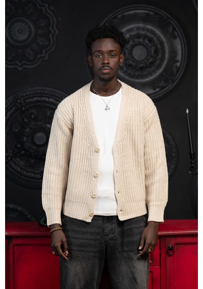 Akçaylar Oversize Crop Model V Yaka Düğme Kapamalı Örgü Hırka Krem